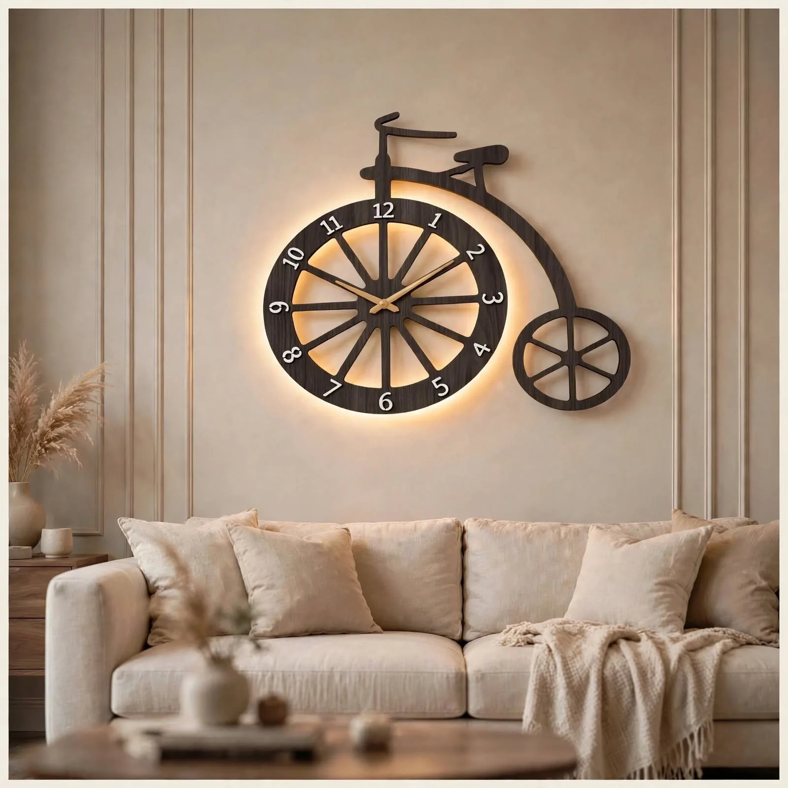 Large bicycle wall clock with warm light above bed in modern cozy bedroom decor
