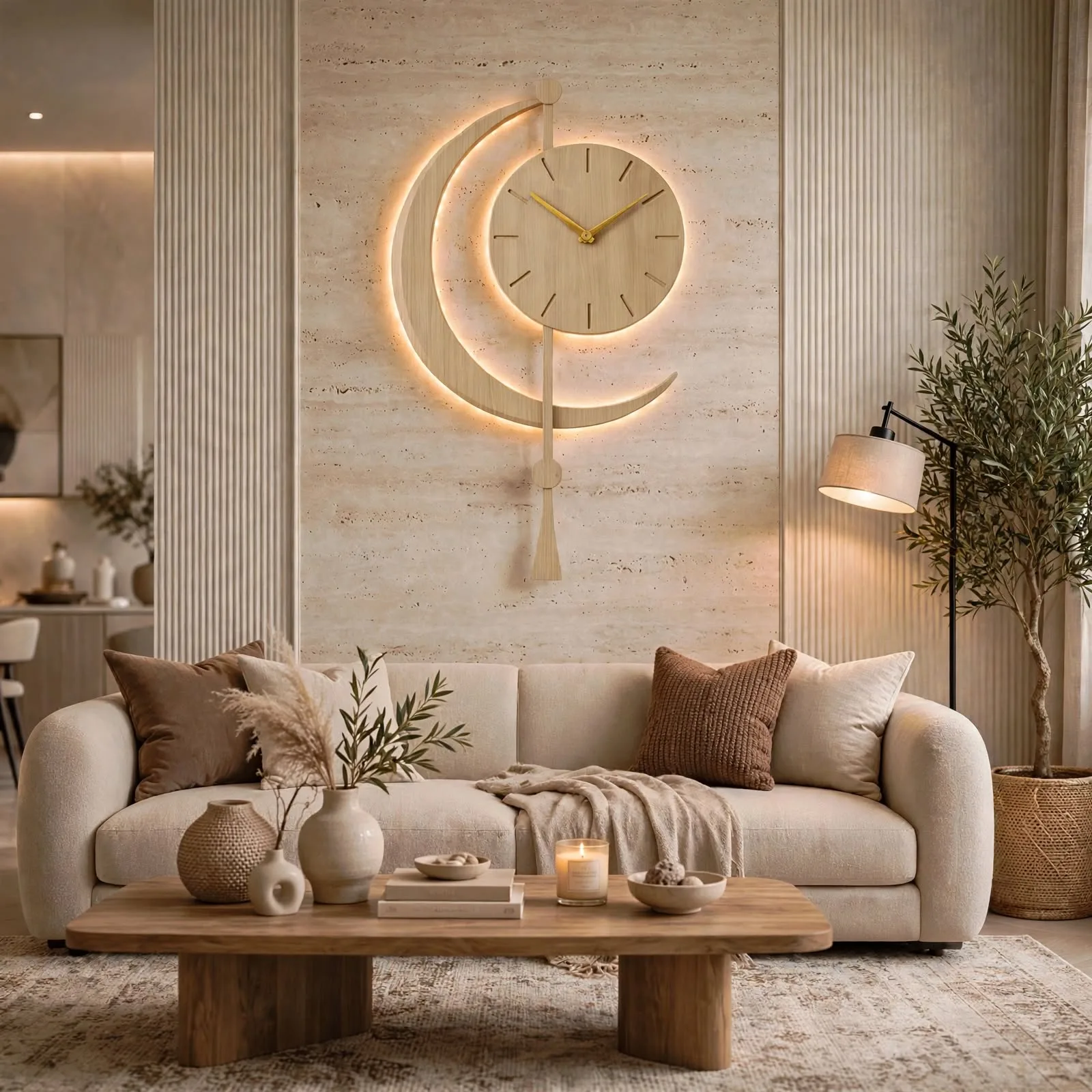Large modern crescent moon illuminated wall clock above bed in cozy bedroom with warm glow