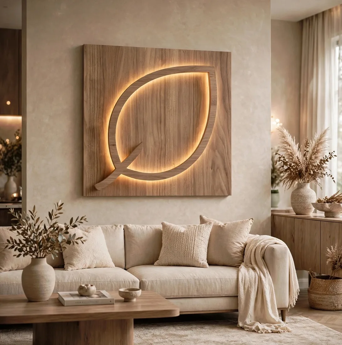 Large square illuminated leaf wall art with warm backlight glow hanging above beige sofa in modern living room