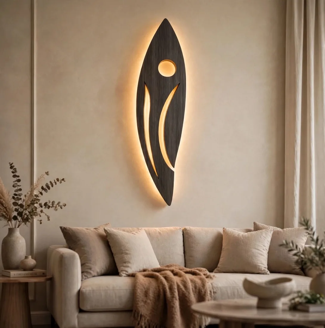 Modern abstract human wall light sculpture with warm glow mounted above beige sofa in minimalist living room