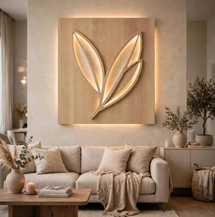 Modern leaf wall art with warm light hanging above beige sofa in minimalist living room, botanical lighted wall decor