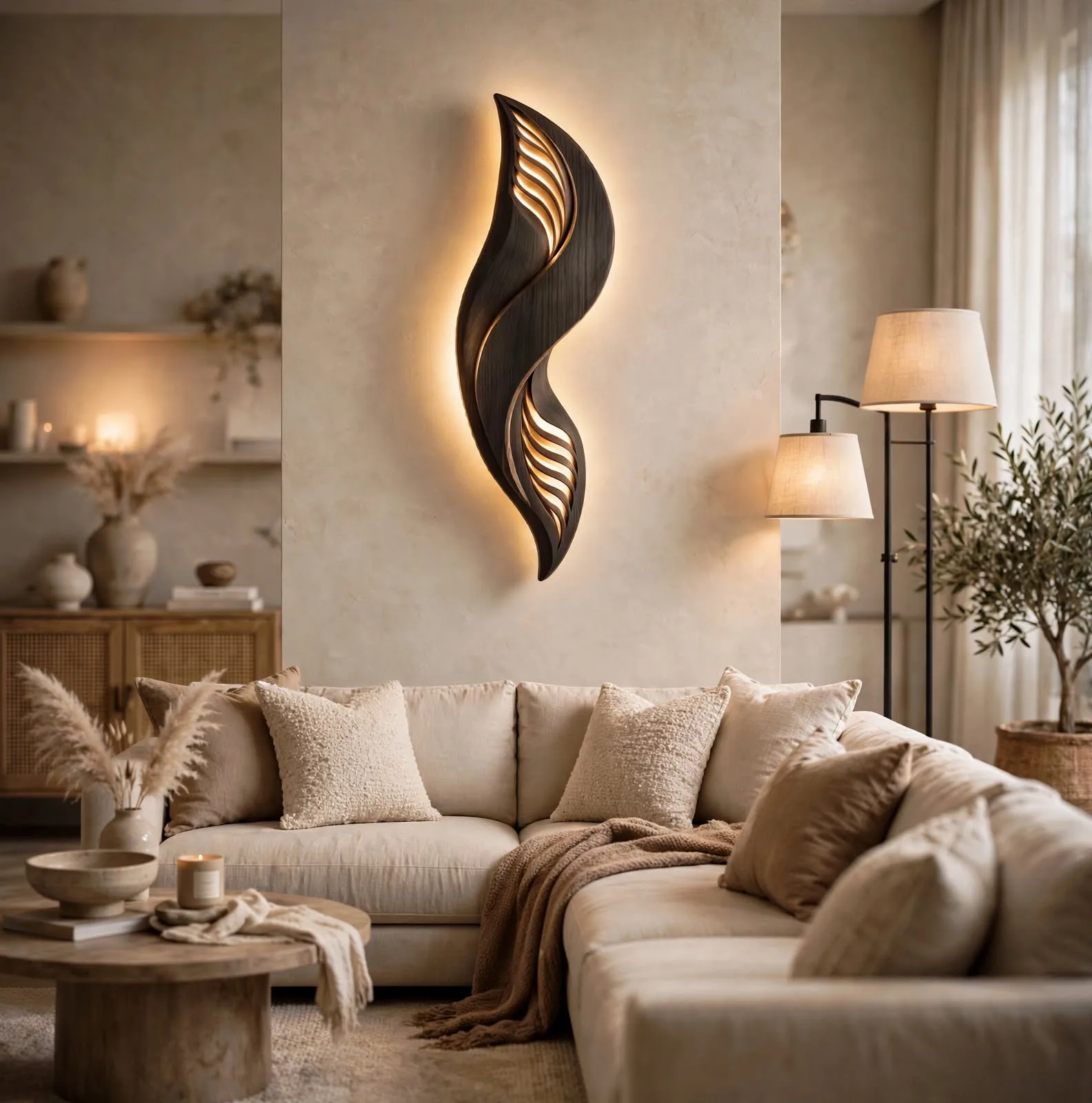 Sculptural wall art light with warm glow mounted above beige upholstered bed in modern minimalist bedroom