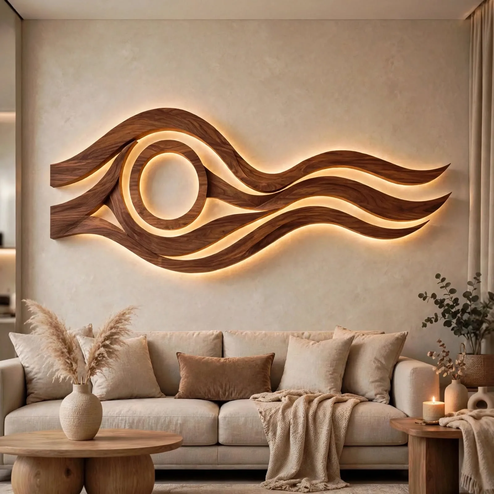 Large modern wooden LED wall art with abstract flowing wave design glowing above beige sofa in living room