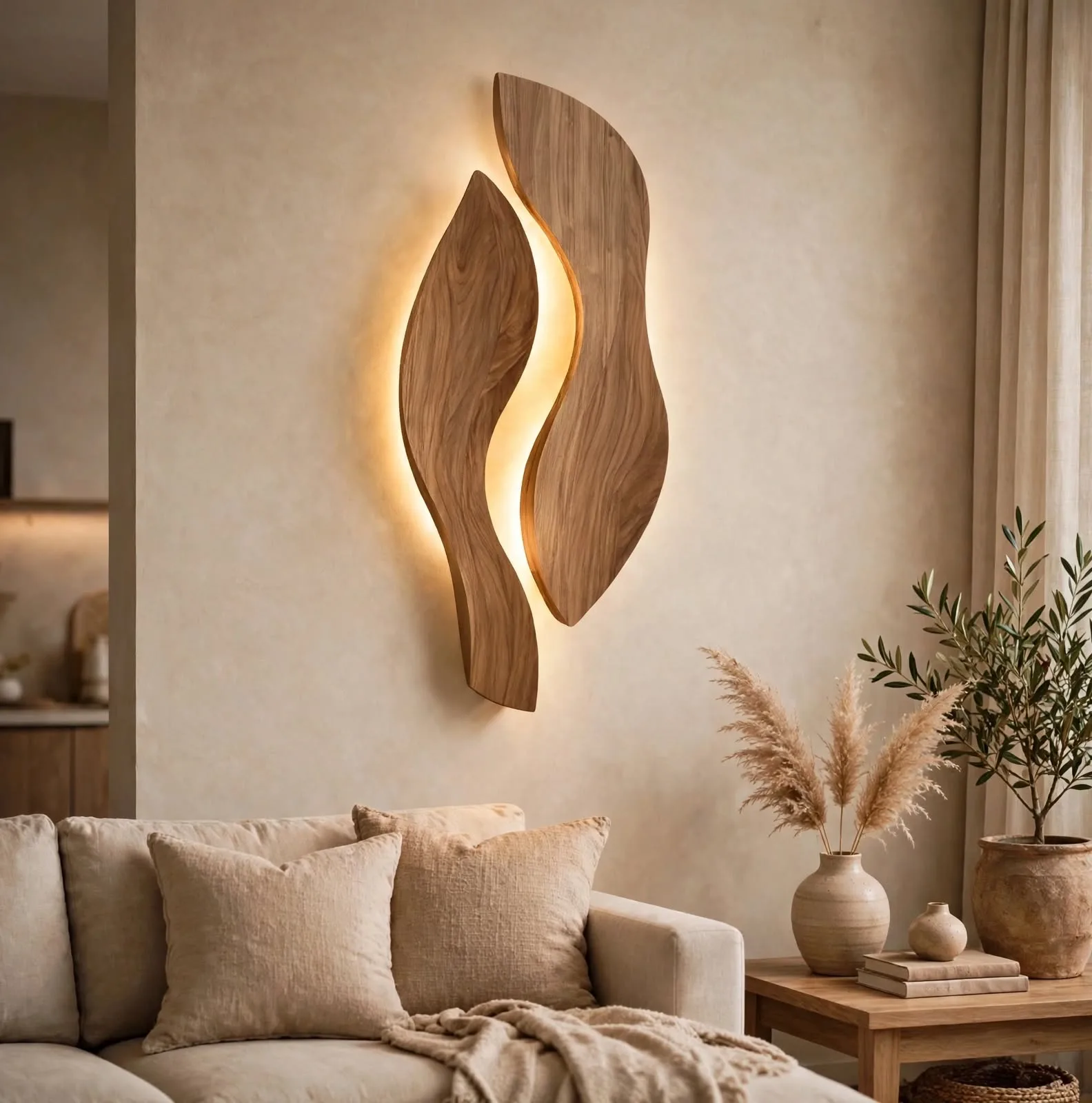 Sculptural wooden leaf wall sconce with warm glow mounted above beige sofa in Japandi living room