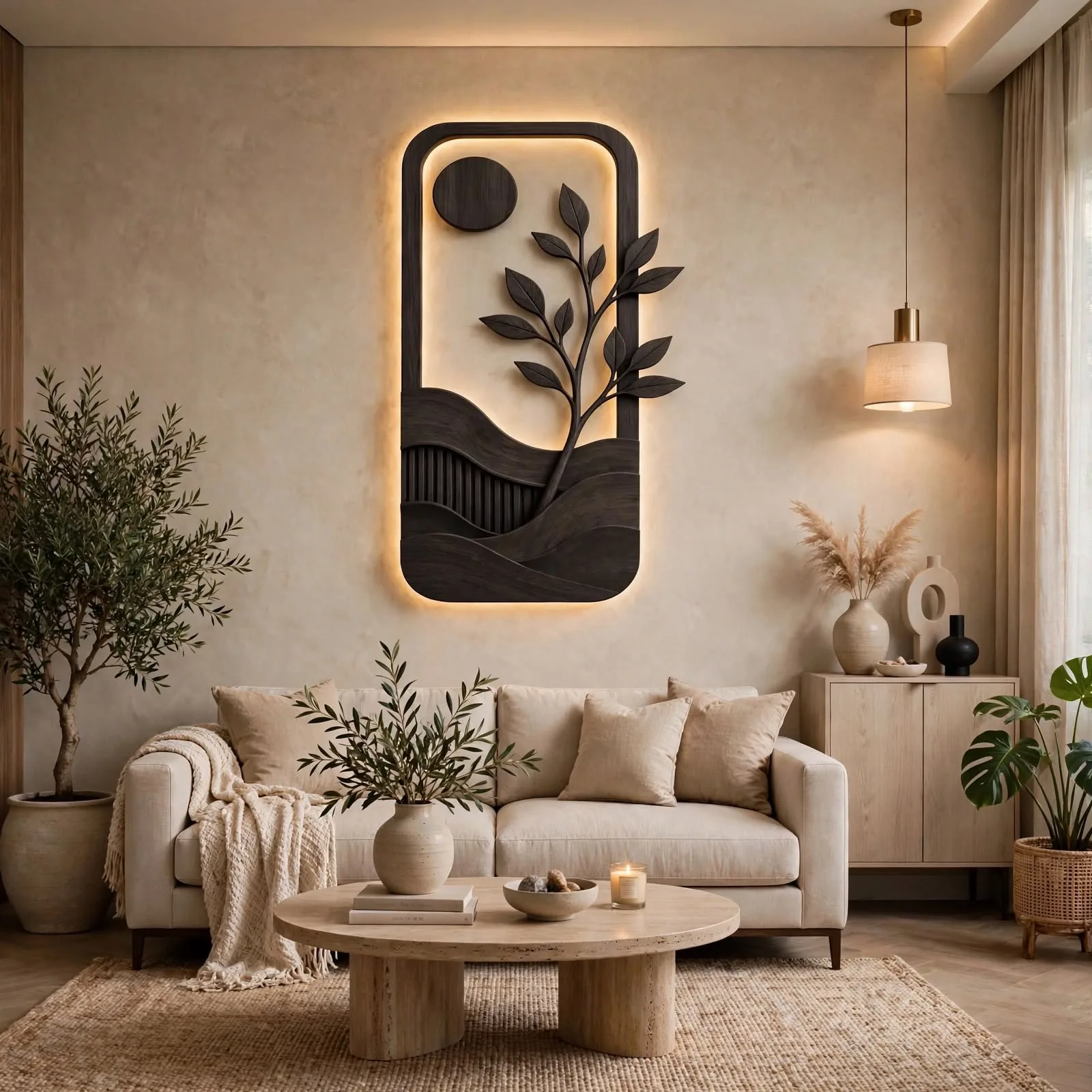 Minimalist backlit wall art with sun and branch design glowing above modern bed in japandi bedroom