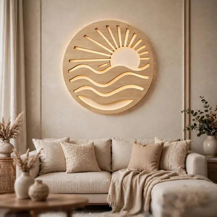 Round boho sun and wave wall art with warm glow mounted above beige curved sofa in modern coastal living room