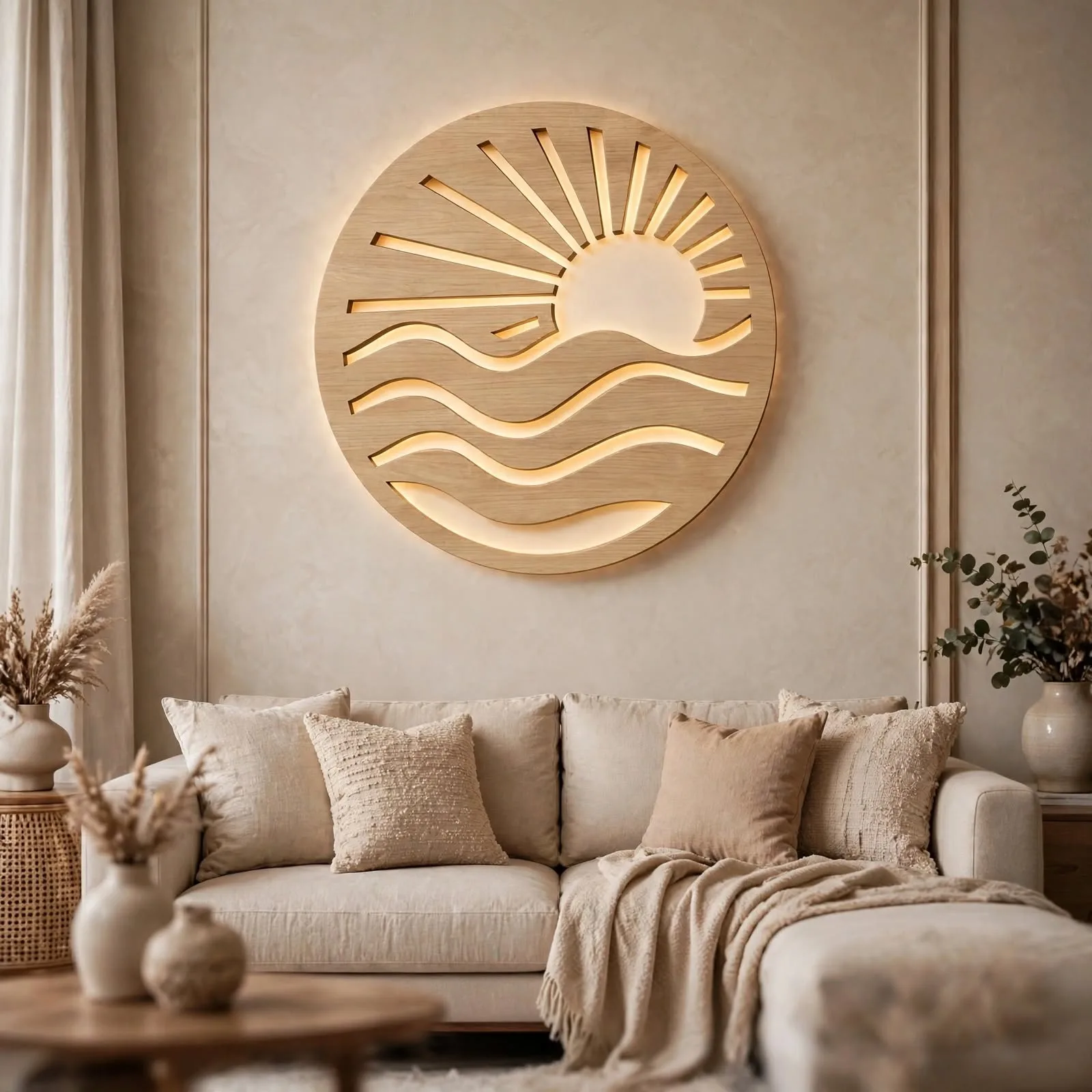 Round boho sun and wave wall art with warm glow mounted above beige curved sofa in modern coastal living room