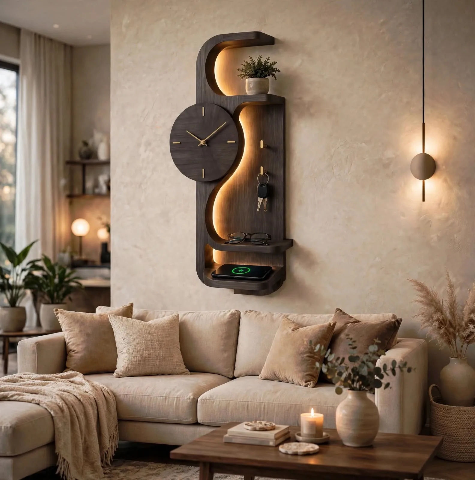 Modern dark wall clock with integrated entryway shelves and gold key hooks holding keys, styled above a beige sofa in a warm living room