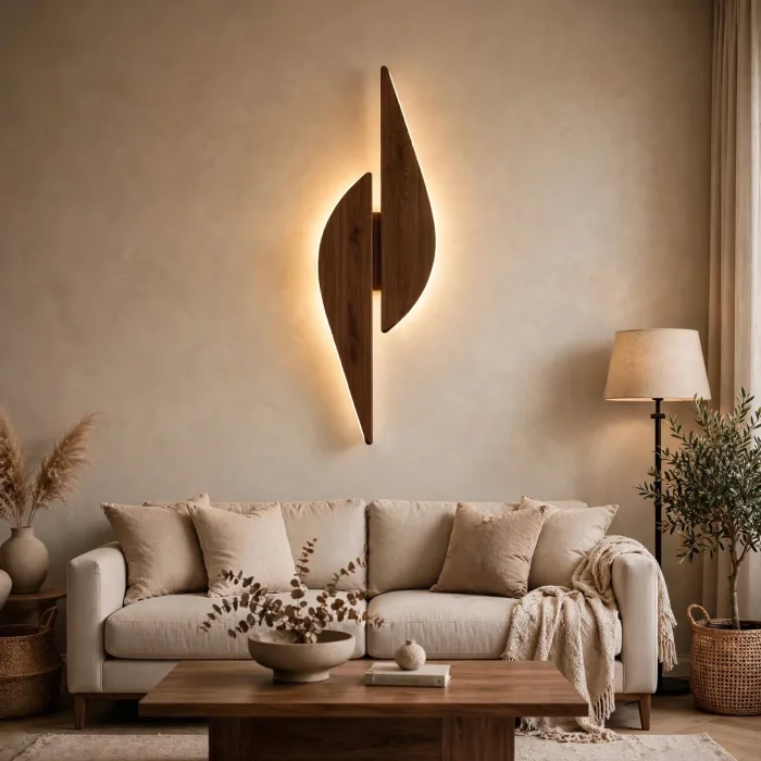 Modern sculptural wall light with warm glow mounted above a beige sofa in a minimal living room