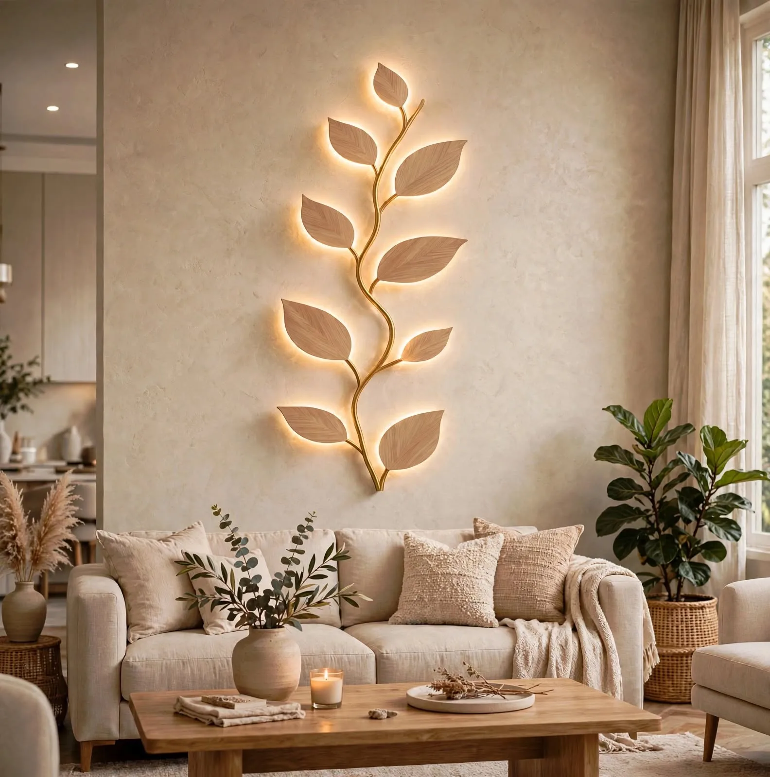 Botanical vine wall light with 9 glowing leaves mounted above a bed in a cozy neutral bedroom, modern boho wall decor