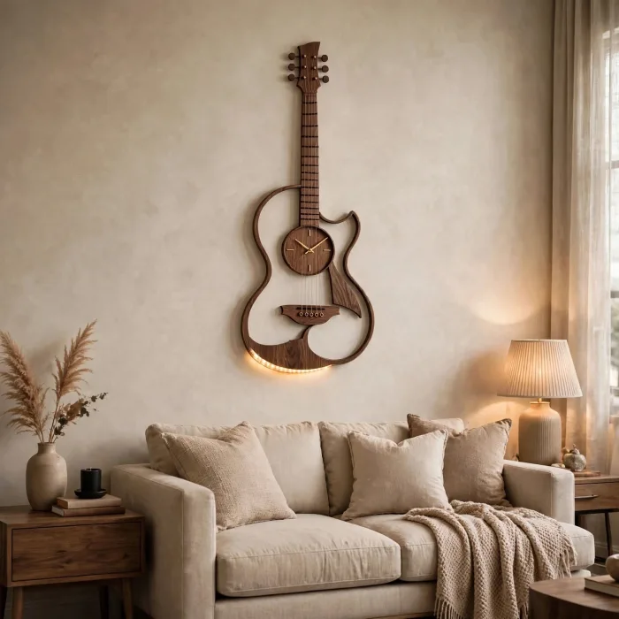 Large guitar shaped wall clock with ambient glow hanging above beige sofa in modern living room decor
