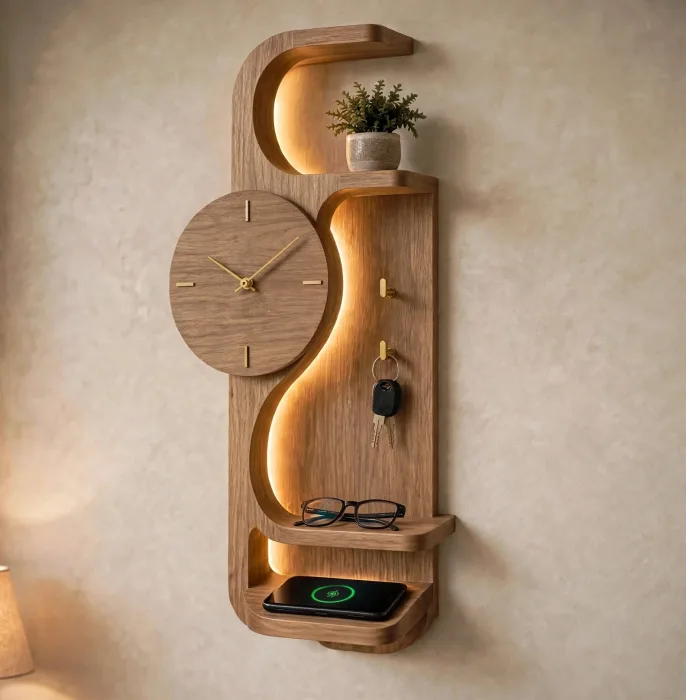 Modern Wall Clock With Entryway Shelf Organizer photo 9