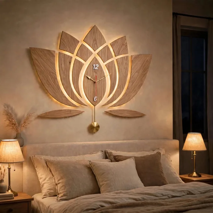 Modern Lotus Wall Clock Large With Light Art photo 10