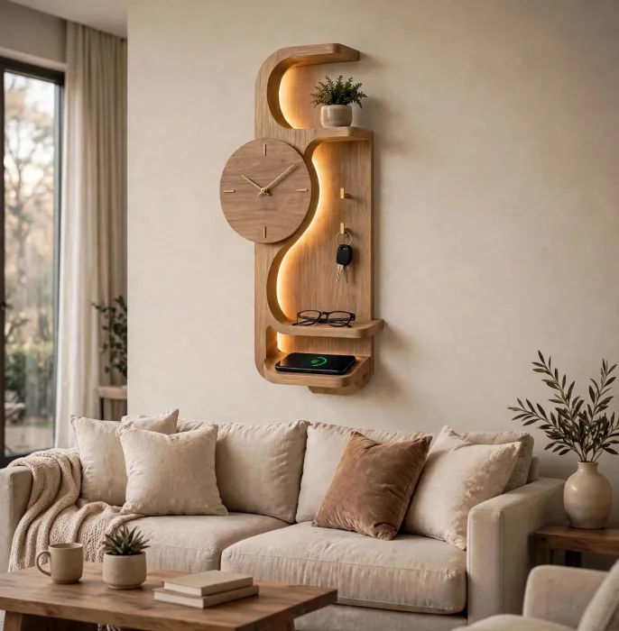 Modern Wall Clock With Entryway Shelf Organizer photo 10