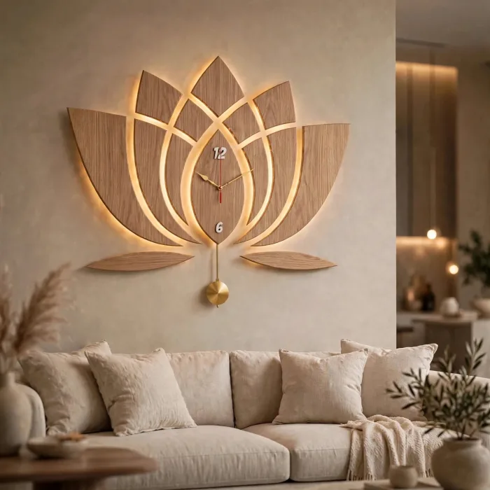 Modern Lotus Wall Clock Large With Light Art photo 11