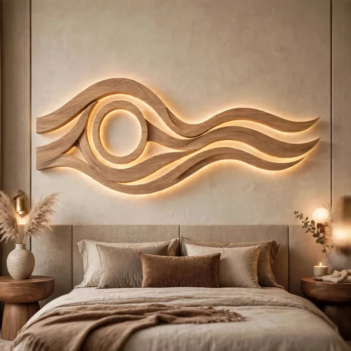 Modern Large Wooden LED Wall Art Sculpture Decor photo 11