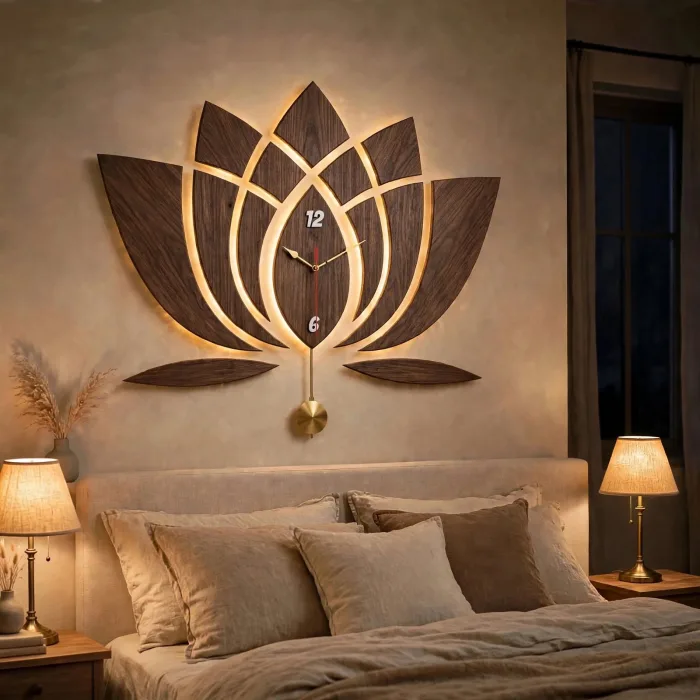 Modern Lotus Wall Clock Large With Light Art photo 13