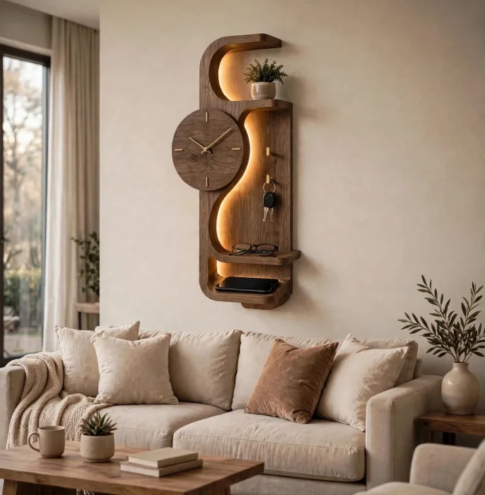 Modern Wall Clock With Entryway Shelf Organizer photo 13