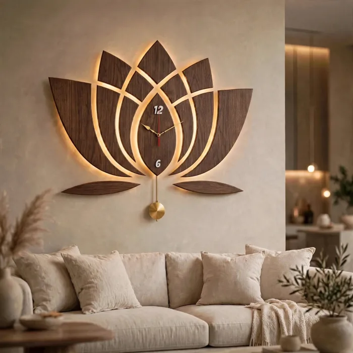 Modern Lotus Wall Clock Large With Light Art photo 14