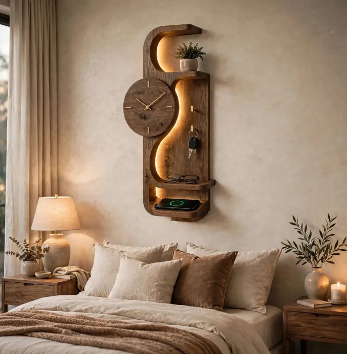 Modern Wall Clock With Entryway Shelf Organizer photo 14