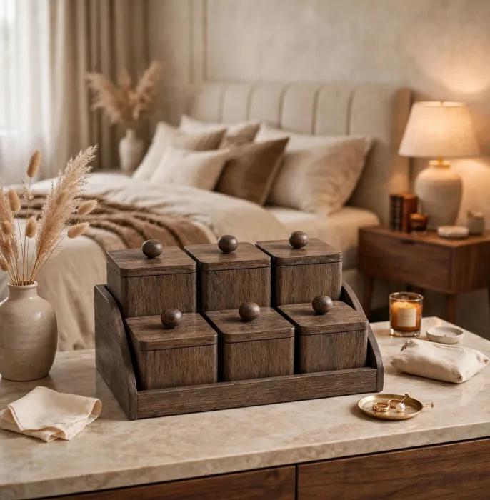 Wooden Dressing Table Organizer 6 Lidded Jewelry Boxes photo 14