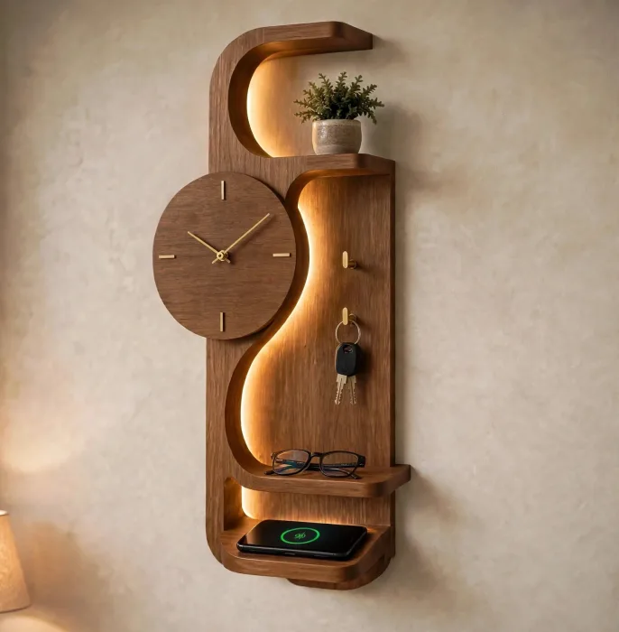 Modern Wall Clock With Entryway Shelf Organizer photo 15