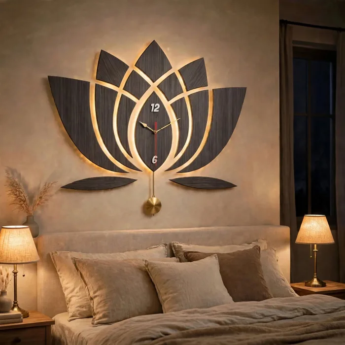 Modern Lotus Wall Clock Large With Light Art photo 16