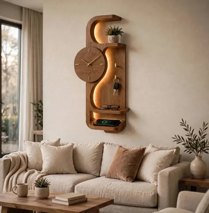 Modern Wall Clock With Entryway Shelf Organizer photo 16