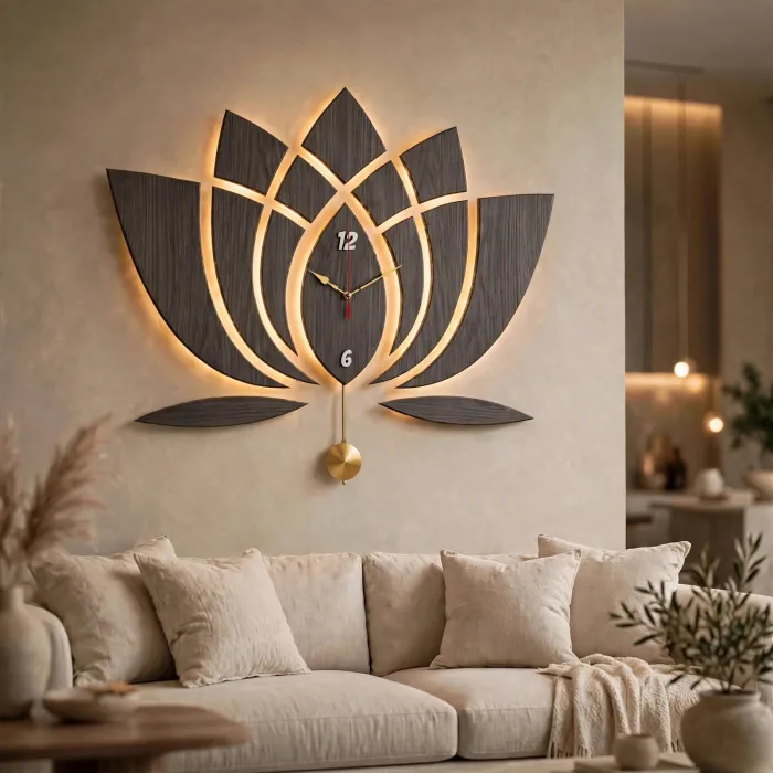 Modern Lotus Wall Clock Large With Light Art photo 17