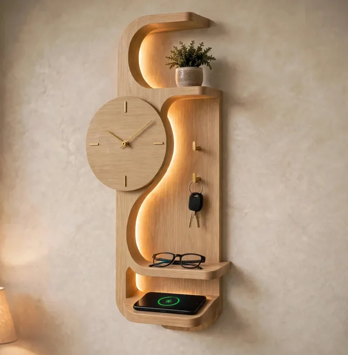 Modern Wall Clock With Entryway Shelf Organizer photo 18