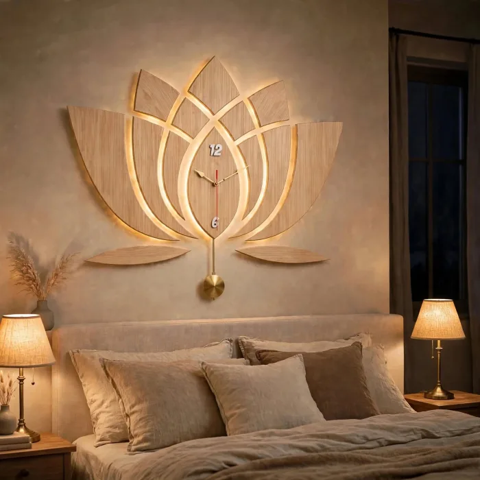 Modern Lotus Wall Clock Large With Light Art photo 19