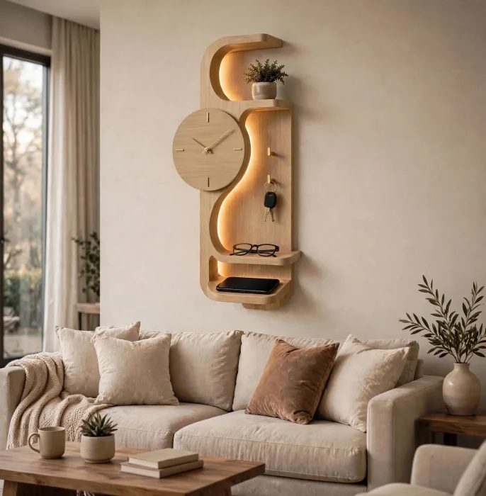 Modern Wall Clock With Entryway Shelf Organizer photo 19