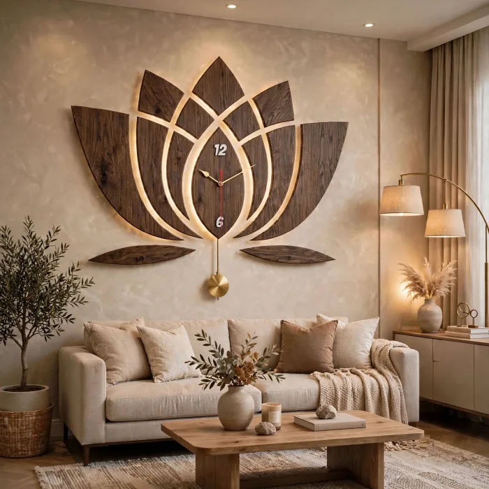 Modern Lotus Wall Clock Large With Light Art photo 22