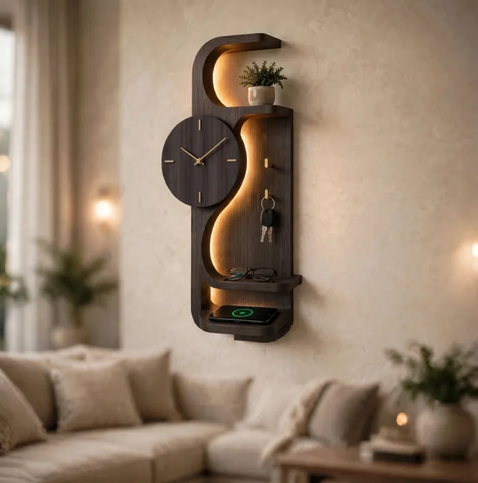 Modern Wall Clock With Entryway Shelf Organizer photo 22