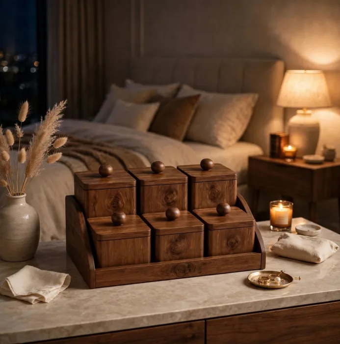 Wooden Dressing Table Organizer 6 Lidded Jewelry Boxes photo 24