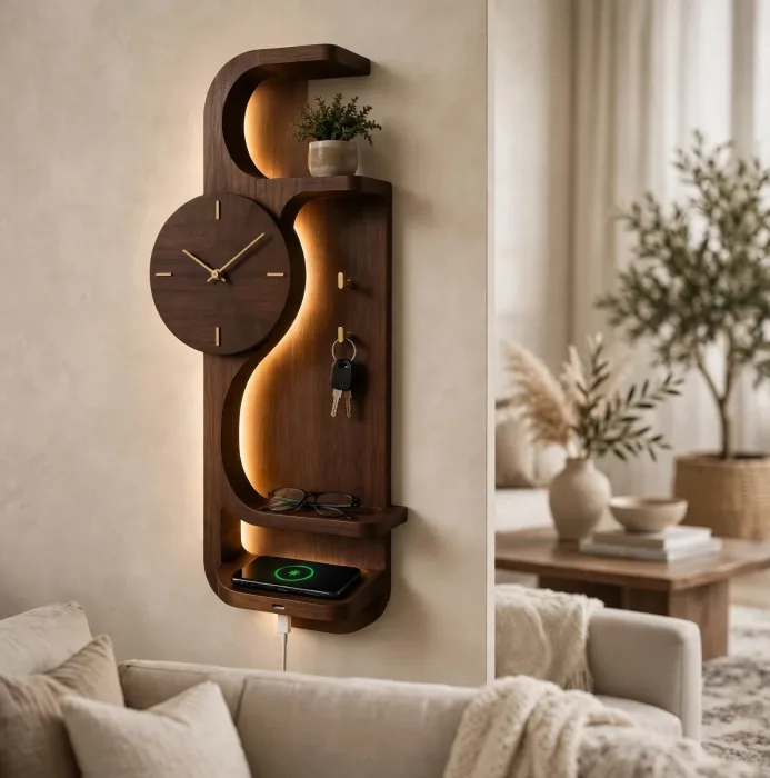 Modern Wall Clock with Shelves & Entryway Organizer | Floating Wall Shelf with Hooks, Wireless Charging Station | Wall Decor Clock photo 2