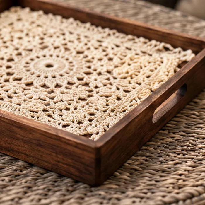 Set of 3 Nesting Serving Trays with Handles | Decorative Coffee Table Tray Set | Ottoman Tray for Living Room | Boho Crochet Serving Tray | Rustic Breakfast Tray photo 2