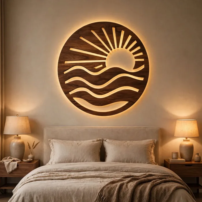 Sunrise Wall Art with Light | Round Sun and Wave Wall Decor | Boho Lighted Wall Hanging photo 2