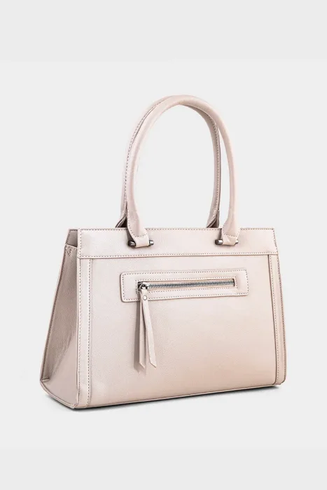 Minimalist Blush Beige Faux Leather Work Tote Front Zip Pocket photo 2