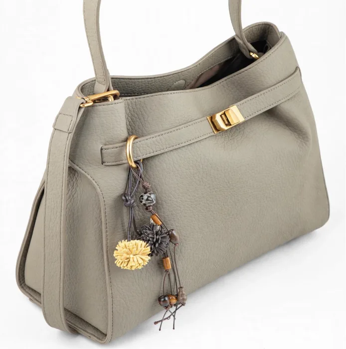 Stylish Grey Shoulder Tote Bag With Gold Buckle Charms photo 2