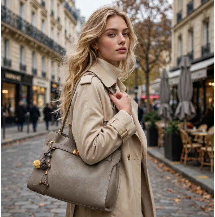 Stylish Grey Shoulder Tote Bag With Gold Buckle Charms photo 5