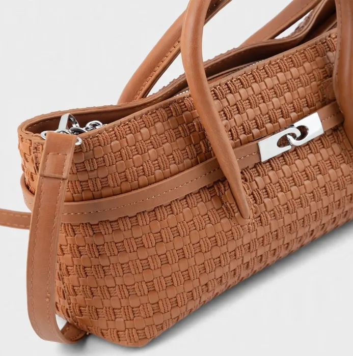 Tan Woven Basketweave Mini Tote Bag with Crossbody Strap photo 2
