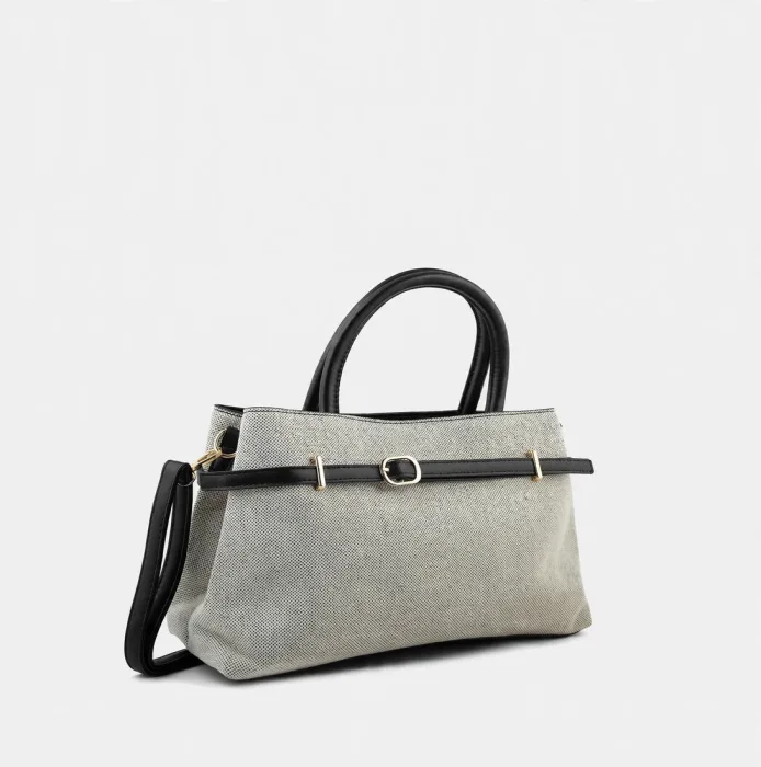 Beige Canvas Tote Bag with Black Belt Strap photo 2