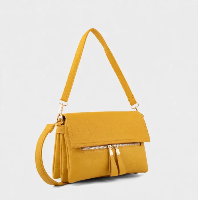 Trendy Mustard Yellow Foldover Crossbody Shoulder Bag For Women photo 2