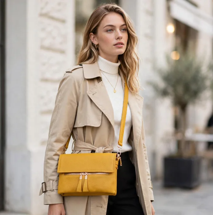 Trendy Mustard Yellow Foldover Crossbody Shoulder Bag For Women photo 8