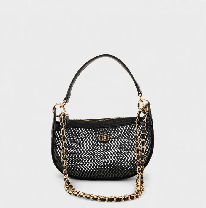 Black Mesh Hobo Shoulder Bag with Chain Strap photo 2