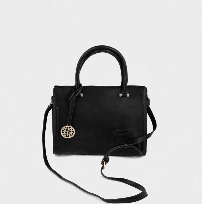 Black Structured Tote Bag with Gold Charm and Strap photo 2