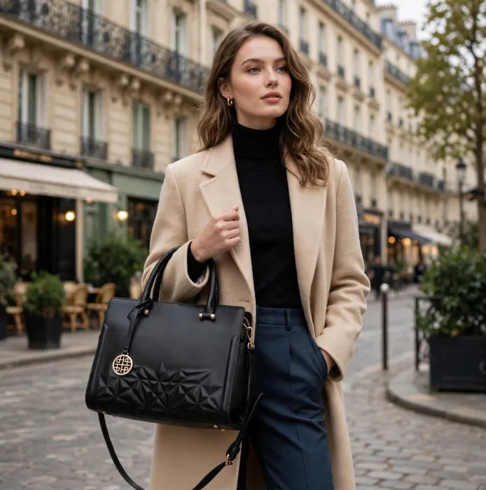 Black Structured Tote Bag with Gold Charm and Strap photo 5