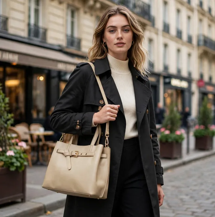 Beige Belted Tote Bag with Adjustable Crossbody Strap photo 5
