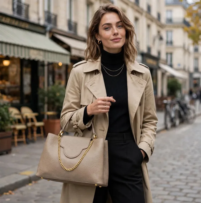 Taupe Tote Bag with Gold Chain and Top Handle photo 5